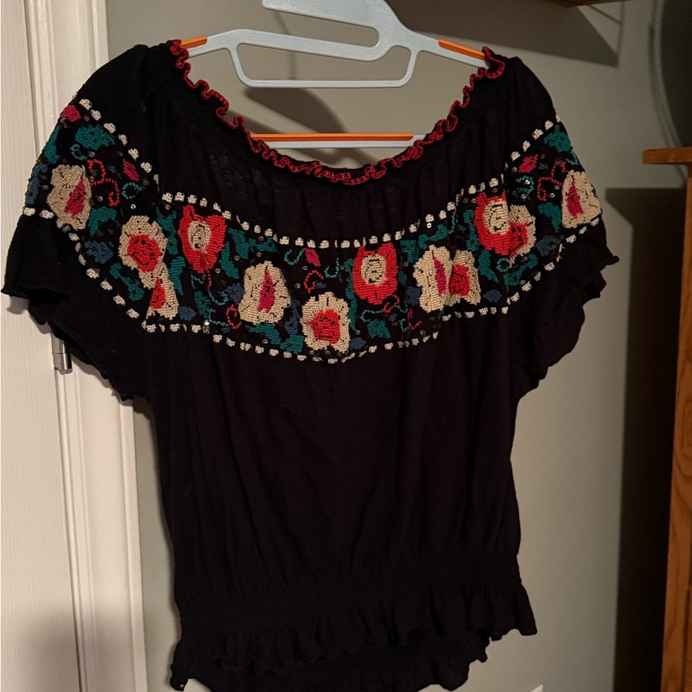 Free People Black Top with Colorful Floral Embroidery - Picture 4 of 5